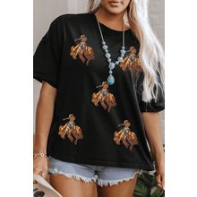 Black Western Horse Patched Crew Neck Graphic T Shirt