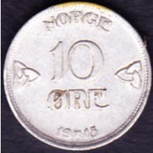 1913 Norway 10 Ore Silver Coin