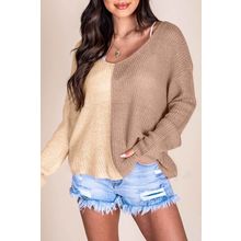 Khaki Long Sleeve V-Neck Colorblock Sweater