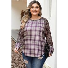 Chestnut Plus Size Leopard Raglan Sleeve Plaid Top