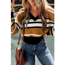 Brown Stripe Contrast Stripes V Neck Textured Knit Sweater