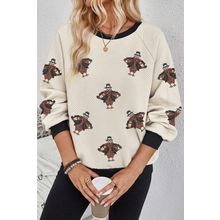 Jet Stream Textured Colorblock Edge Sequin Turkey Graphic Long Sleeve Top