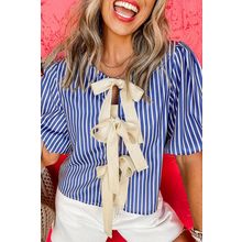 Blue Stripe Tied Front Puff Short Sleeve Blouse