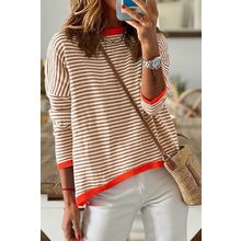 Brown Contrast Trimmed Striped Drop Shoulder Sweater