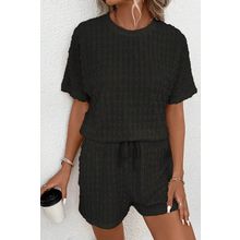Black Frill Textured Short Sleeve Top and Drawstring Shorts Set