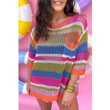 Orange Stripe Colorblock Hollowed Crochet 3/4 Sleeve Sweater