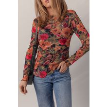 Multicolour Floral Print Lettuce Trim Long Sleeve Mesh Top
