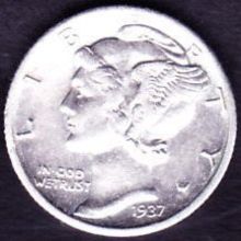 1937 D USA 10 Cents Silver Coin Mercury