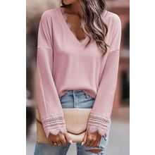 Pink Ribbed Texture Lace Trim V Neck Long Sleeve Top