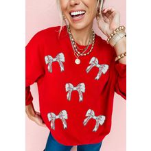 Red Sequined Baseball Bow Graphic Plus Size Sweatshirt