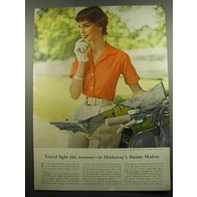 1955 Lady Hathaway Batiste Madras Shirt Ad - Travel light this summer