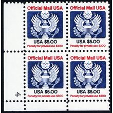 O133, Mint VF NH $5 Official Plate Block - Stuart Katz