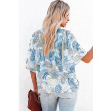 Sky Blue Paisley Print Wide Sleeves Loose Blouse