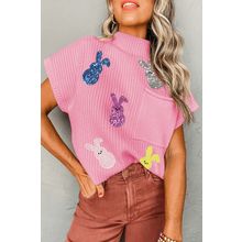 Pink Sequin Bunny Doll Graphic Ribbed High Neck Short Sleeve Sweater