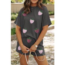 Carbon Grey Sequin Strawberry Patched Twist Ribbed Short 2pcs Outfit