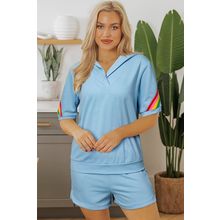 Sky Blue Rainbow Colorblock Collared Short Sleeve Top 2 Piece Shorts Set
