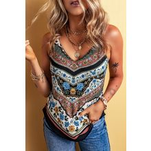 Red Mixed Floral Chevron Pattern Dip Hem Spaghetti Straps Tank