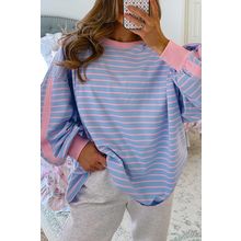 Sky Blue Stripe Oversize Contrast Trim Drop Shoulder Casual Top