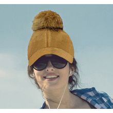 Baseball Cap - Faux Suede w/ Detachable Faux Fox Fur Pom Pom - Camel - HT-BA-...