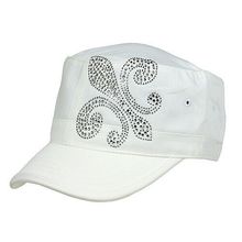 Military Cap w/ Jeweled Rhinestones Fleur de Lis Sign - White - HT-C7018A-WT