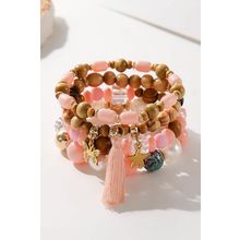 Pink 4Pcs Butterfly Star Pendant Tassel Beaded Bracelet Set