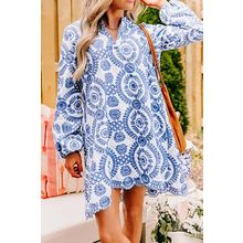Blue Boho Floral Embroidered Notch V Neck Shift Mini Dress