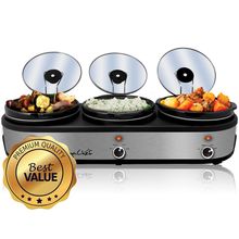 MegaChef Triple 2.5 Quart Slow Cooker and Buffet Server in Brushed Silver and...