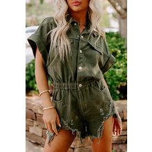 Moss Green Distressed Frayed Denim Romper