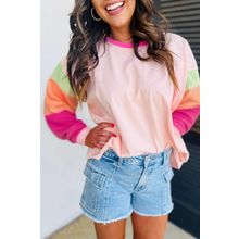 Pink Colorblock Patchwork Long Sleeve Loose Top