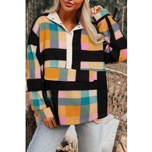 Black Plaid Print Pocketed Half Button Collared Sweatshirt