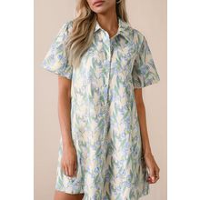 Green Floral Print Shirtcollar Buttoned Short Sleeve Shift Dress