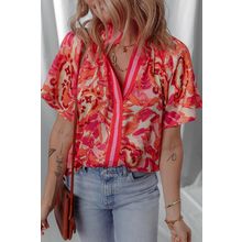 Rose Abstract Print Striped Trim Split Neck Blouse