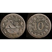 Malta Ten Cents 1972 Barge and Dolphins Used 10c Coin QE II