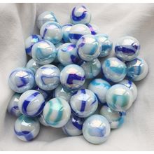 JELLYFISH - 25 Beautiful Glass Marbles, White with Blue Swirls, 16mm, Brand New