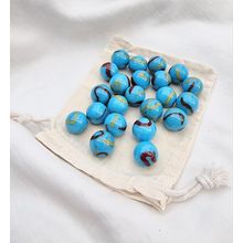 SERPENT - 25 Glass Marbles, Blue with Yellow & Red Swirl, 16mm with Cotton Pouch