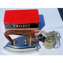 Vintage PRILECT Travelling Iron. Original tin box. Rare handle colours. Working