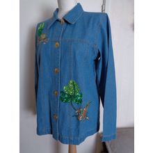 Quacker Factory Denim Blue Shirt Embroidered Frogs Beaded Sequined Lily Pads XS
