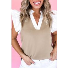 Pale Khaki Contrast V Neck Ruffled Textured Knit Top