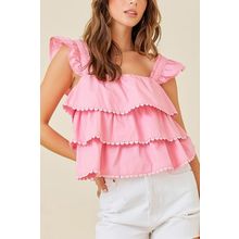 Pink Tiered Heart Trim Square Neck Flutter Top