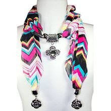 Scarf - Zig-Zag Print W/ Flower Metal Charm - SF-FSC068BKFU