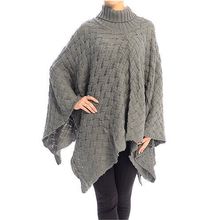 Poncho/ Shawl - Turtleneck Basket Weaves Pattern - Grey - SF-FW112GY
