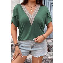 Blackish Green Plus Size Embroidery V Neck Draped Sleeve Blouse