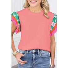 Peach Blossom Contrast Ricrac Floral Sleeve Top