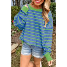 Sky Blue Stripe Trimmed Round Neck Drop Shoulder Loose Sweater