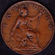 1909 Great Britain 1 Farthing Coin