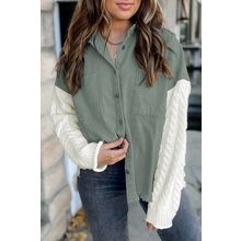 Green Cable Knit Sleeve Raw Hem Shacket