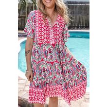 Pink Bohemian Print Tie Neck Ruffle Hem Short Dress