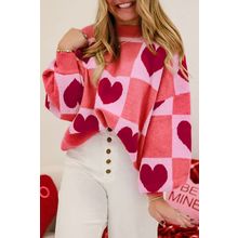 Pink Plus Size Love Heart Block Mock Neck Lantern Sleeve Valentine Sweater