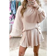 Jet Stream Corded Lantern Sleeve Top High Waist Ruffled Mini Skirt Set