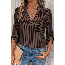 Brown Stripe V Neck Roll Up Sleeve Pocket Patched Classic Shirt
